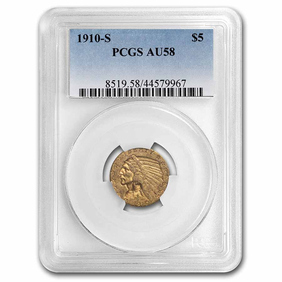 Buy 1910-S $5 Indian Gold Half Eagle AU-58 PCGS