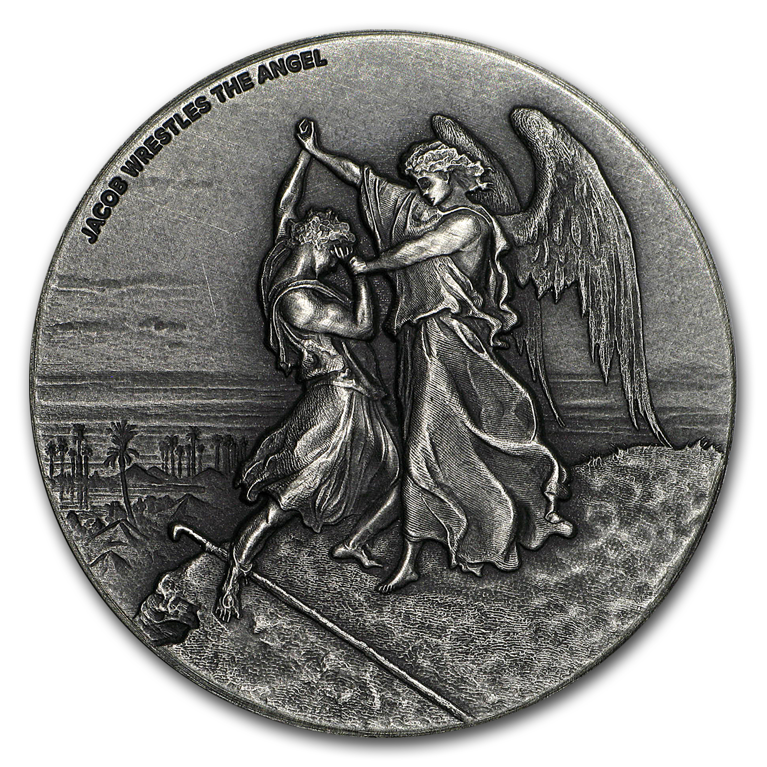 Buy 2017 2 oz Silver Coin - Biblical Series (Jacob Wrestles Angel) - Click Image to Close