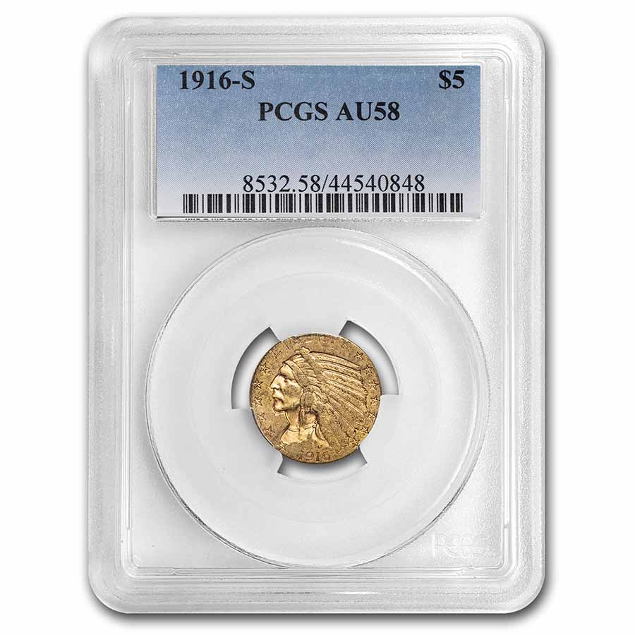 Buy 1916-S $5 Indian Gold Half Eagle AU-58 PCGS