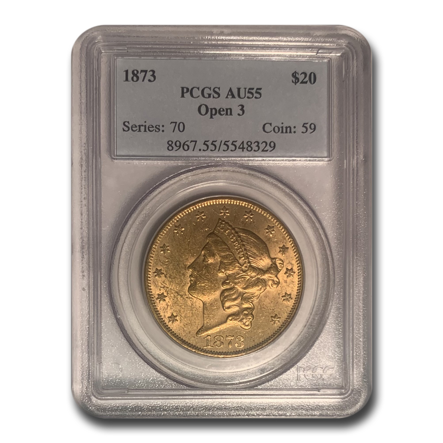 Buy 1873 $20 Liberty Gold Double Eagle Open 3 AU-55 PCGS