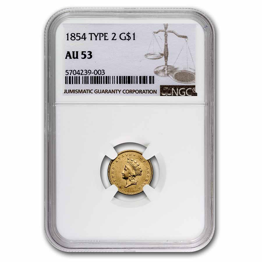 Buy 1854 $1 Indian Head Gold Type 2 AU-53 NGC