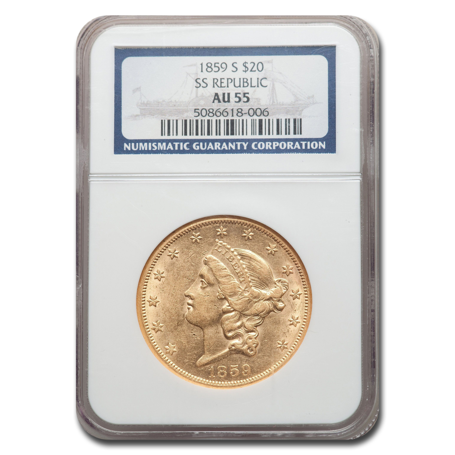Buy 1859-S $20 Liberty Gold Double Eagle AU-55 NGC (SS Republic)