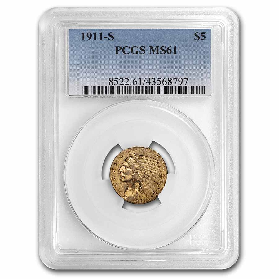 Buy 1911-S $5 Indian Gold Half Eagle MS-61 PCGS