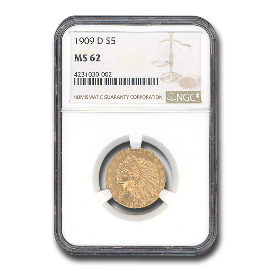 Buy 1909-D $5 Indian Gold Half Eagle MS-62 NGC