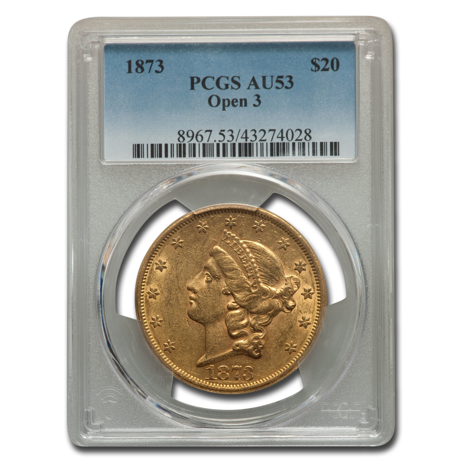 Buy 1873 $20 Liberty Gold Double Eagle Open 3 AU-53 PCGS