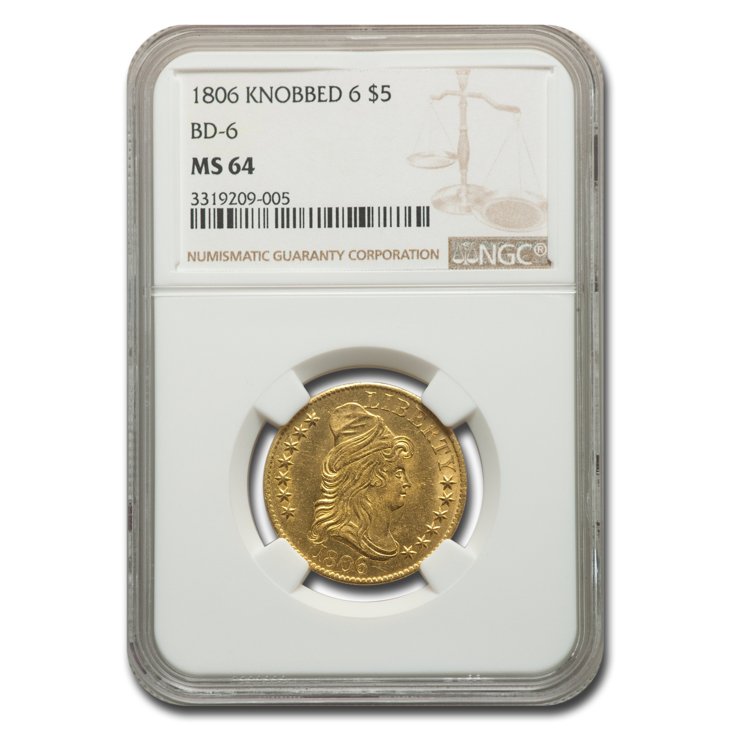 Buy 1806 $5 Capped Bust Gold Half Eagle Knobbed 6 MS-64 NGC (BD-6) - Click Image to Close