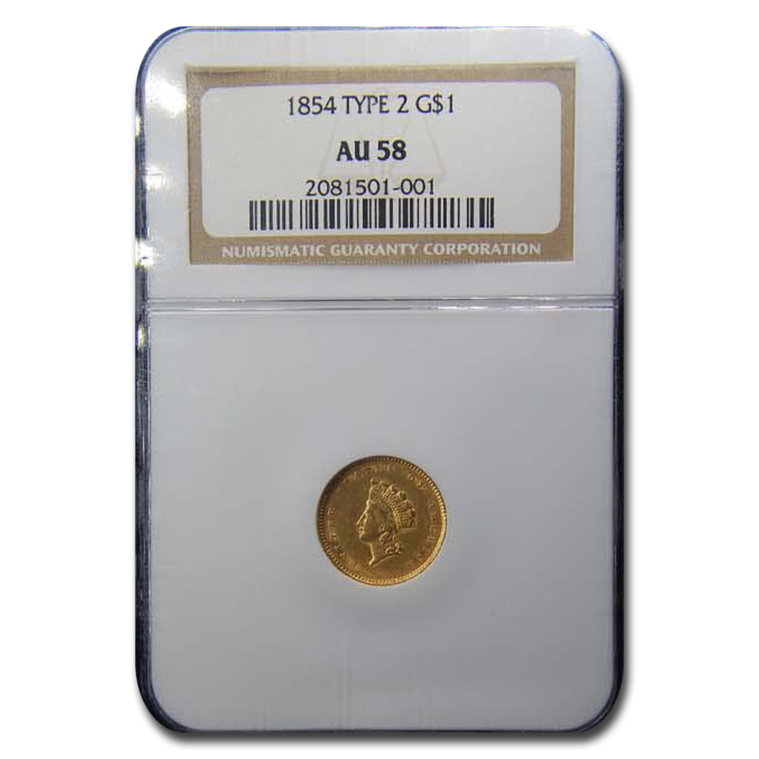 Buy 1854 $1 Indian Head Gold Type-2 AU-58 NGC - Click Image to Close