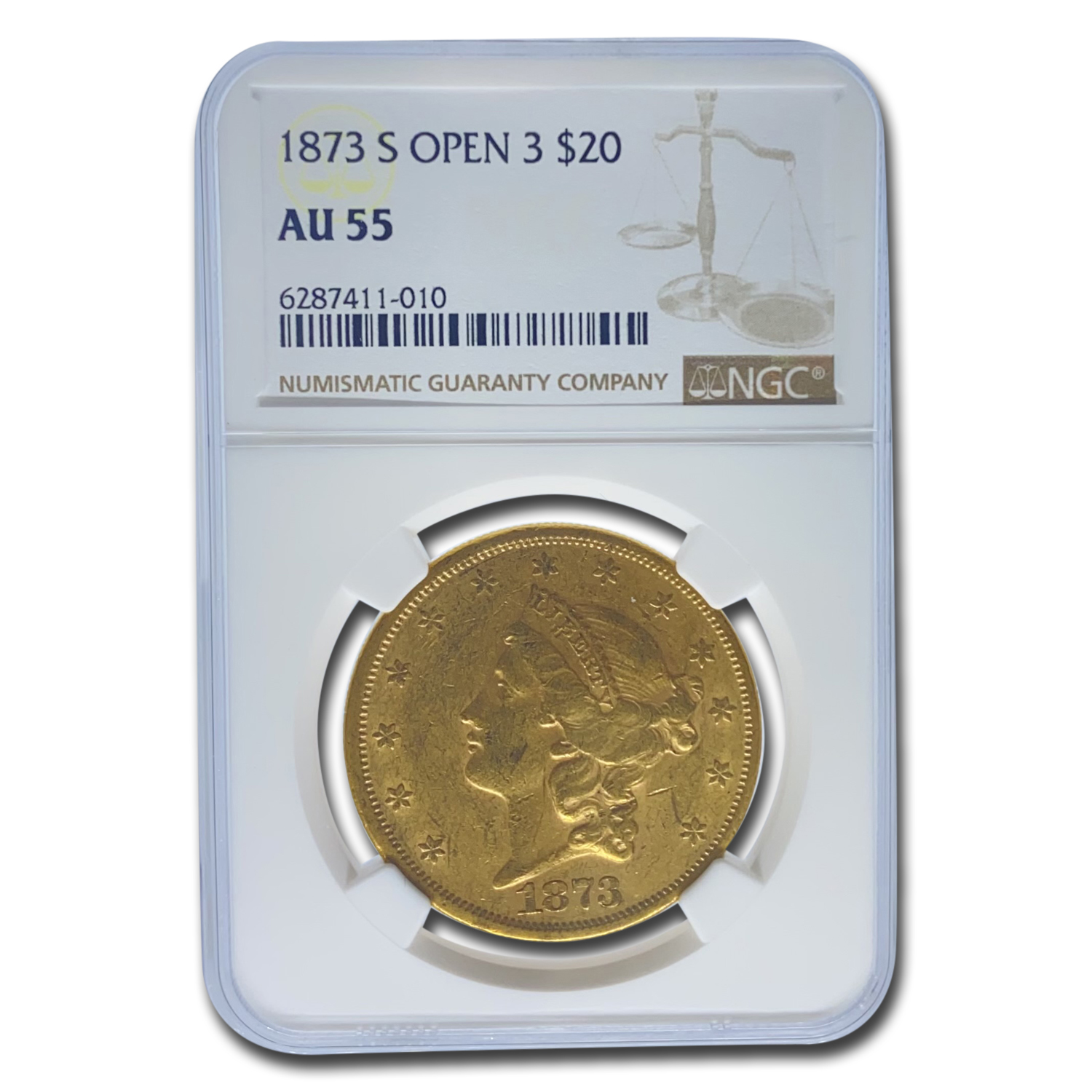 Buy 1873-S $20 Liberty Gold Double Eagle Open 3 AU-55 NGC