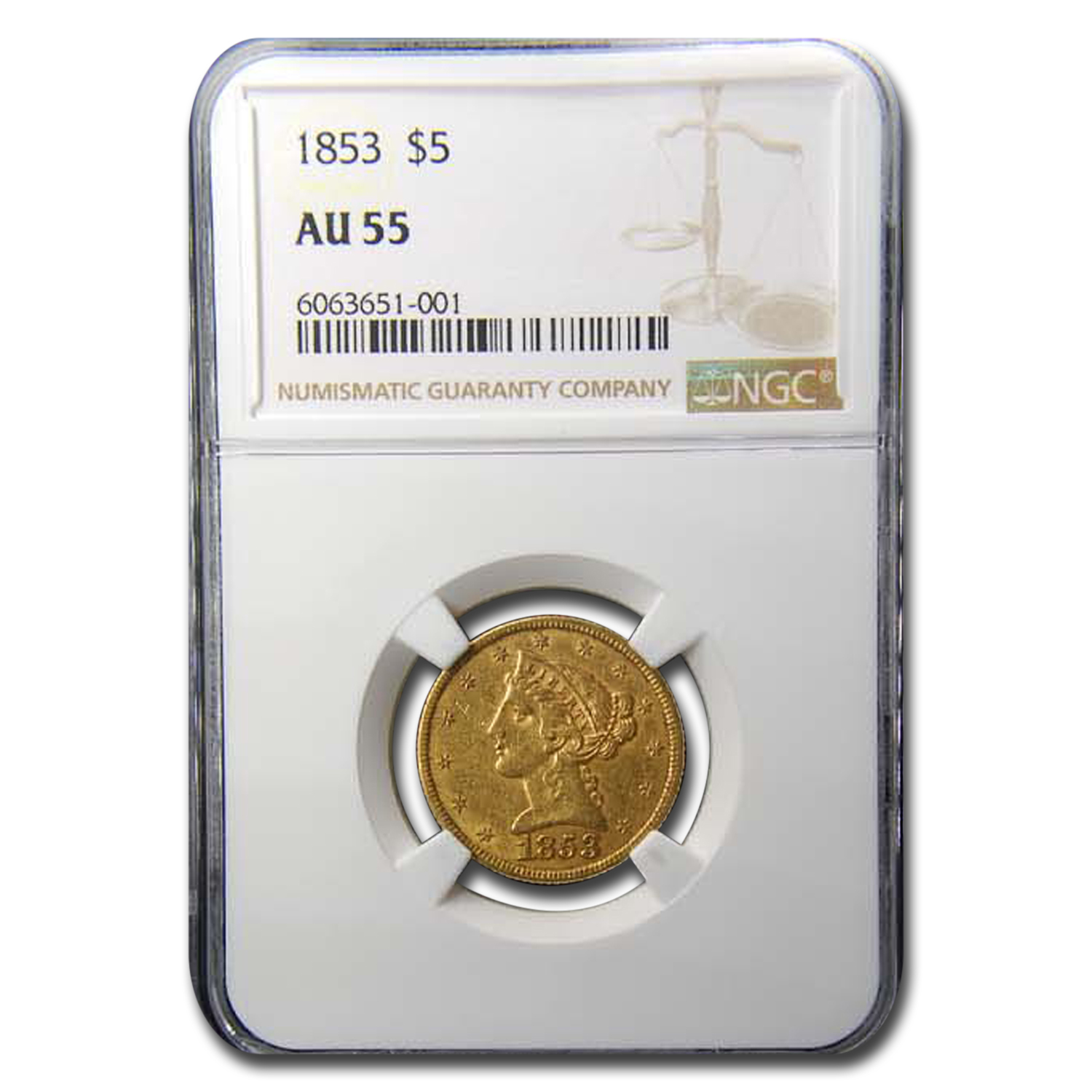 Buy 1853 $5 Liberty Gold Half Eagle AU-55 NGC - Click Image to Close