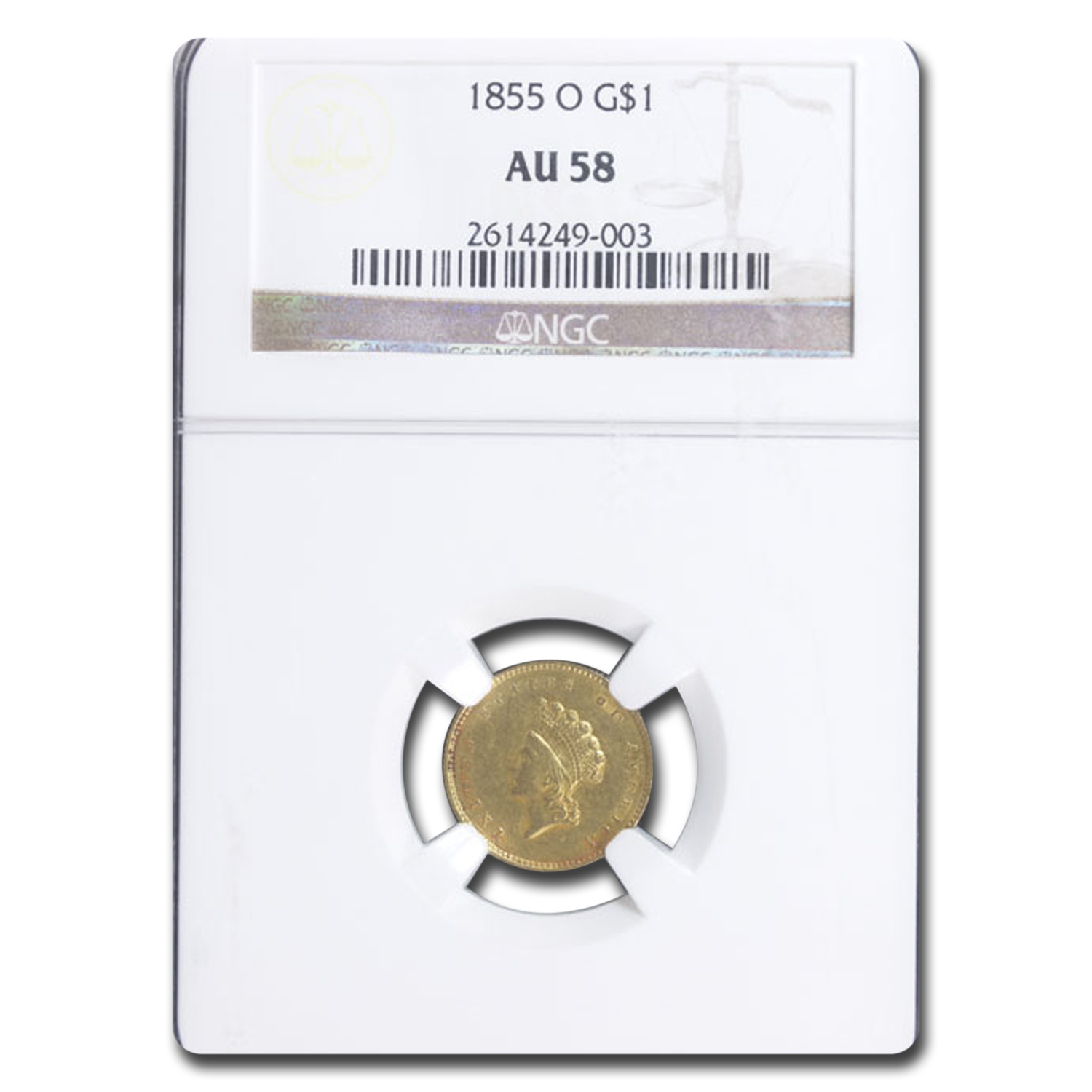 Buy 1855-O $1 Indian Head Gold Dollar AU-58 NGC - Click Image to Close