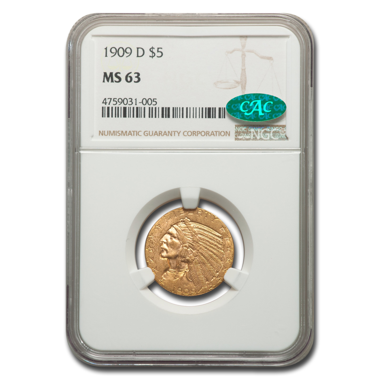 Buy 1909-D $5 Indian Gold Half Eagle MS-63 NGC CAC