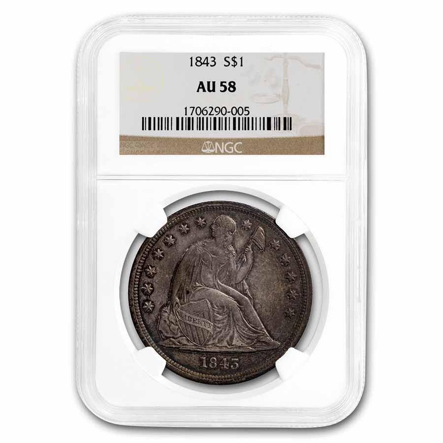 Buy 1843 Liberty Seated Dollar AU-58 NGC
