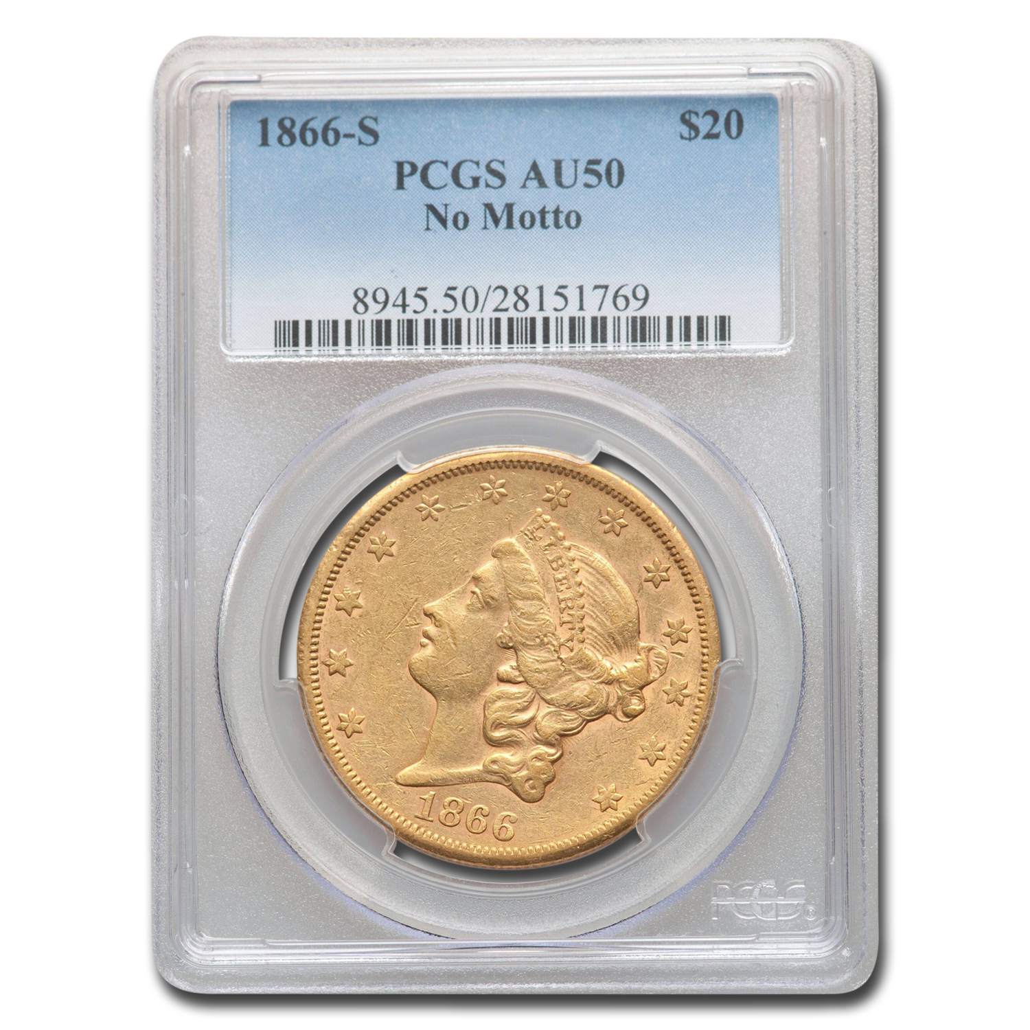 Buy 1866-S $20 Liberty Gold Double Eagle AU-50 PCGS (No Motto)