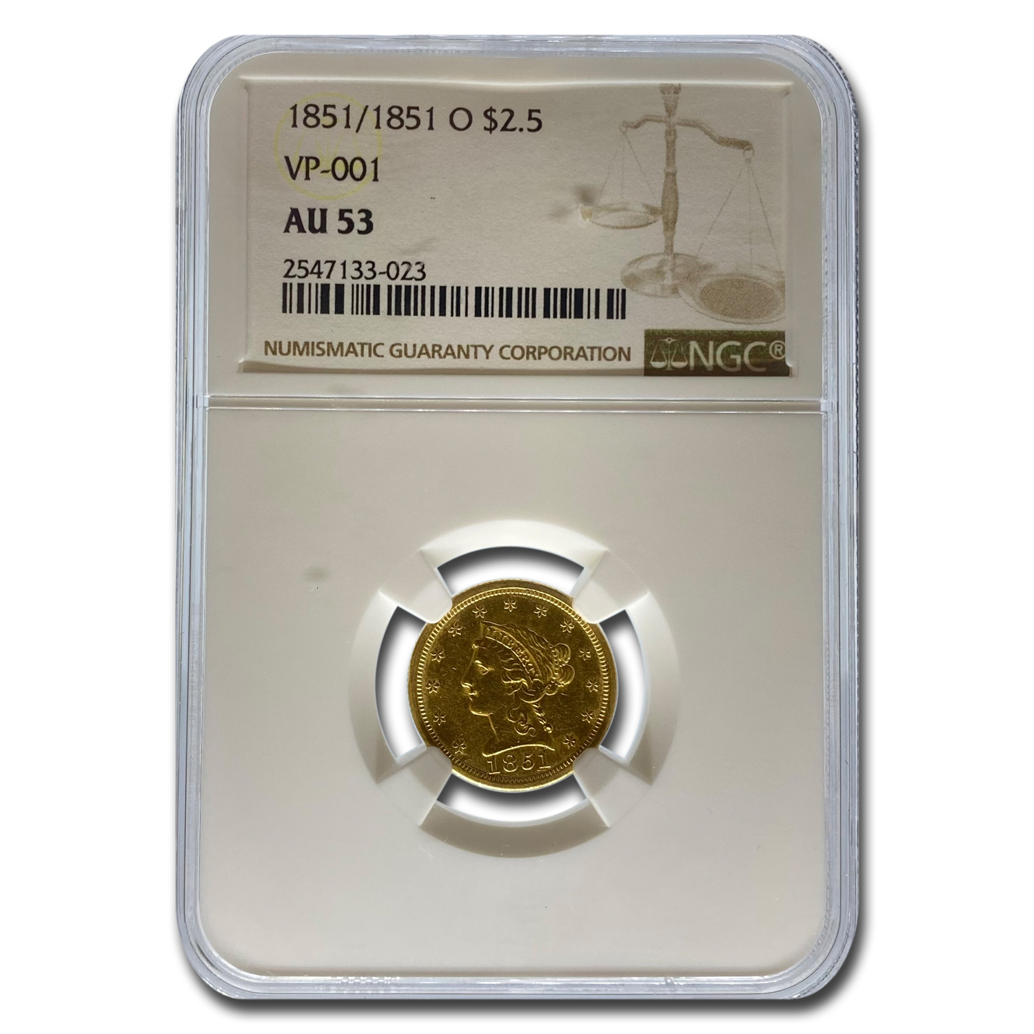 Buy 1851/1851-O $2.50 Liberty Gold Quarter Eagle AU-53 NGC (VP-001) - Click Image to Close