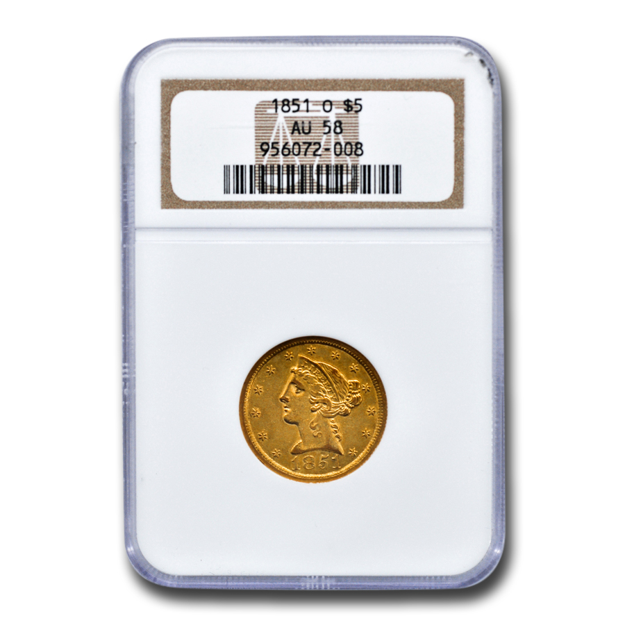 Buy 1851-O $5 Liberty Gold Half Eagle AU-58 NGC - Click Image to Close