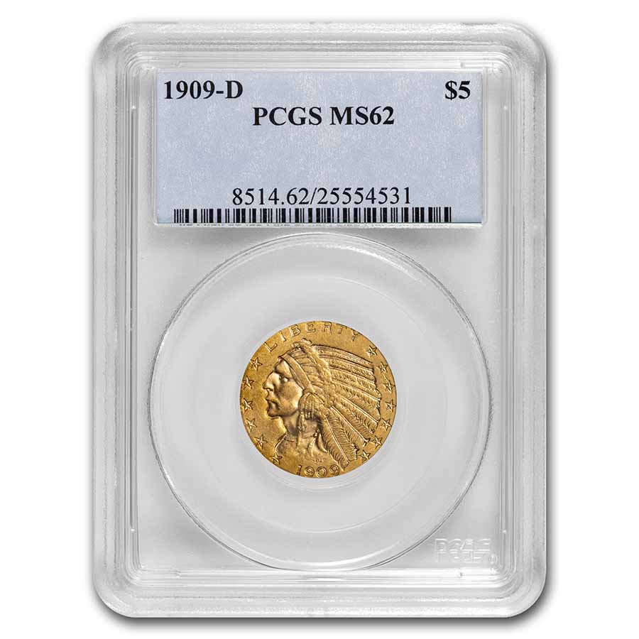 Buy 1909-D $5 Indian Gold Half Eagle MS-62 PCGS