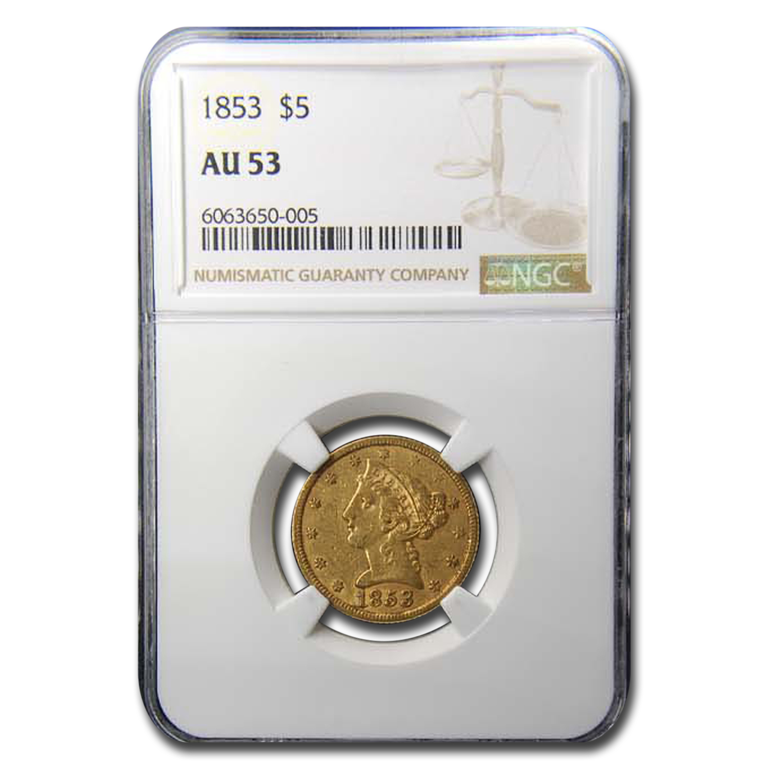 Buy 1853 $5 Liberty Gold Half Eagle AU-53 NGC - Click Image to Close