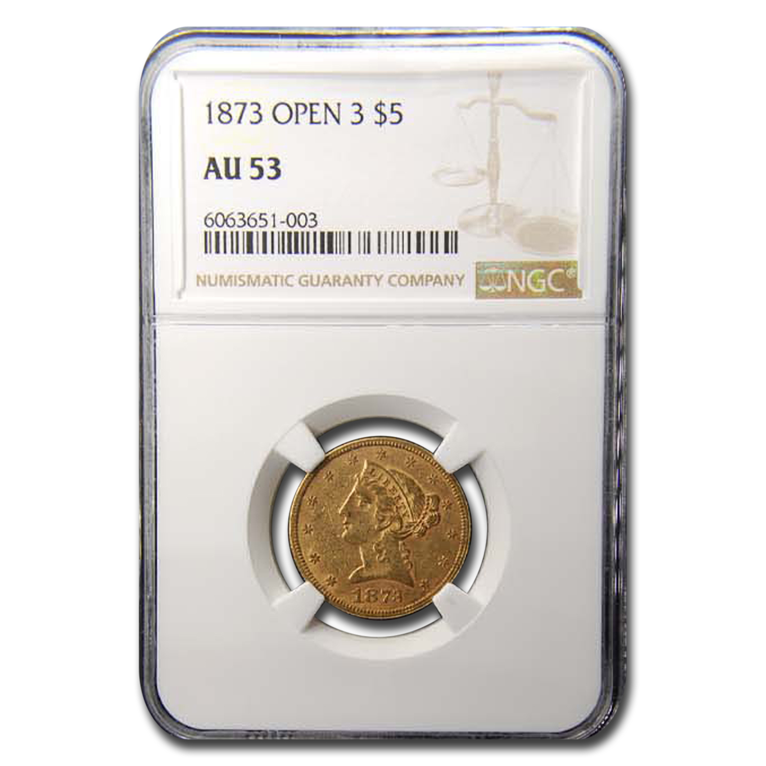 Buy 1873 $5 Liberty Gold Half Eagle AU-53 NGC (Open 3) - Click Image to Close