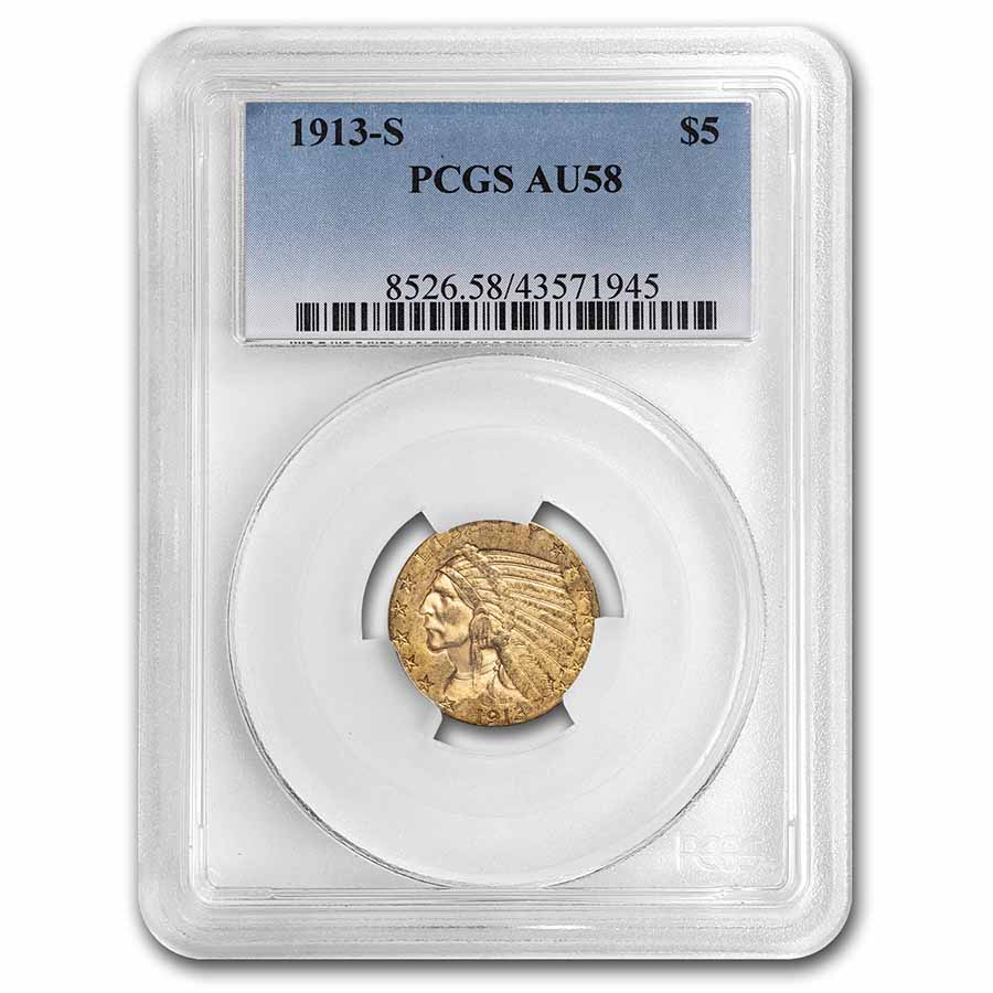 Buy 1913-S $5 Indian Gold Half Eagle AU-58 PCGS