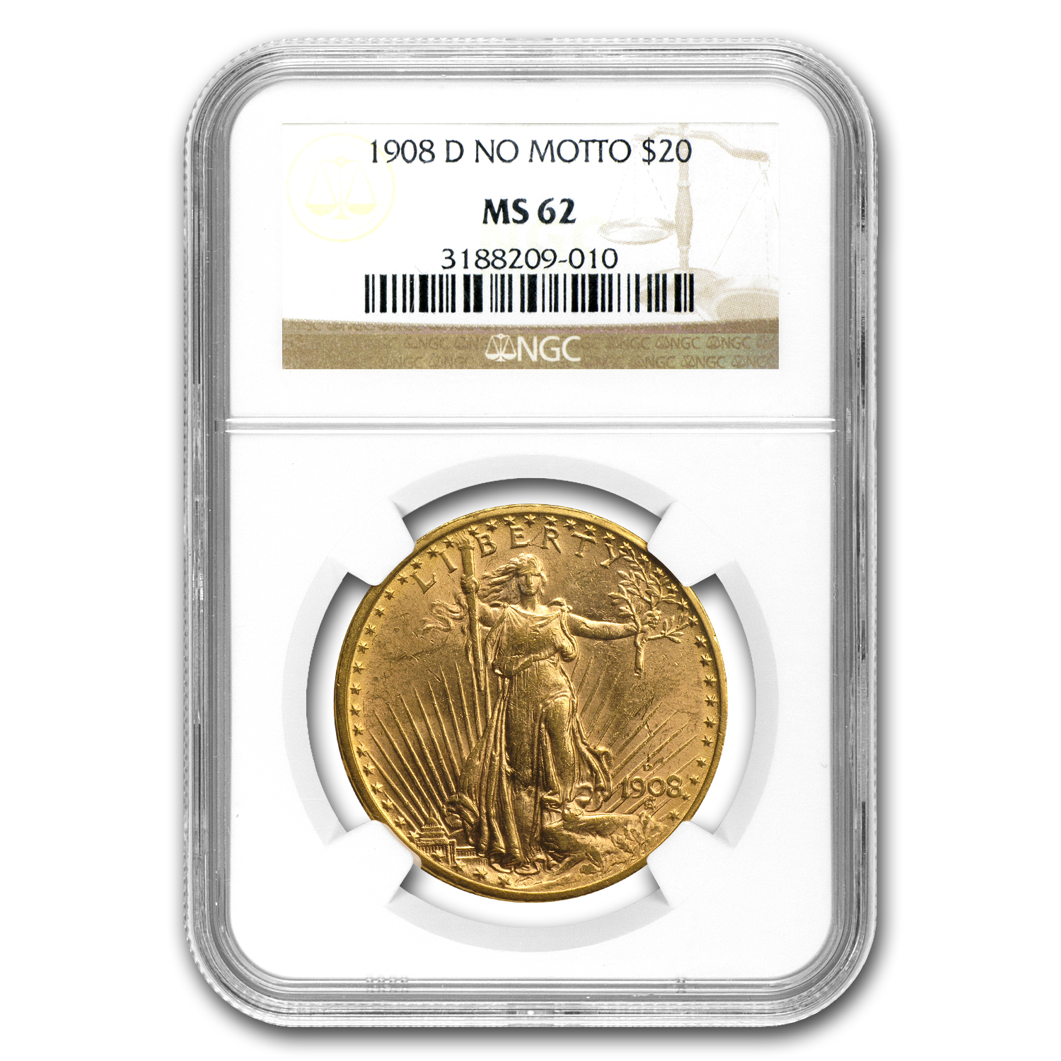 Buy 1908-D $20 Saint-Gaudens Gold No Motto MS-62 NGC
