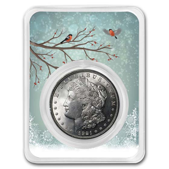 Buy 1921 Morgan Silver Dollar BU - w/Snowy Birds Card