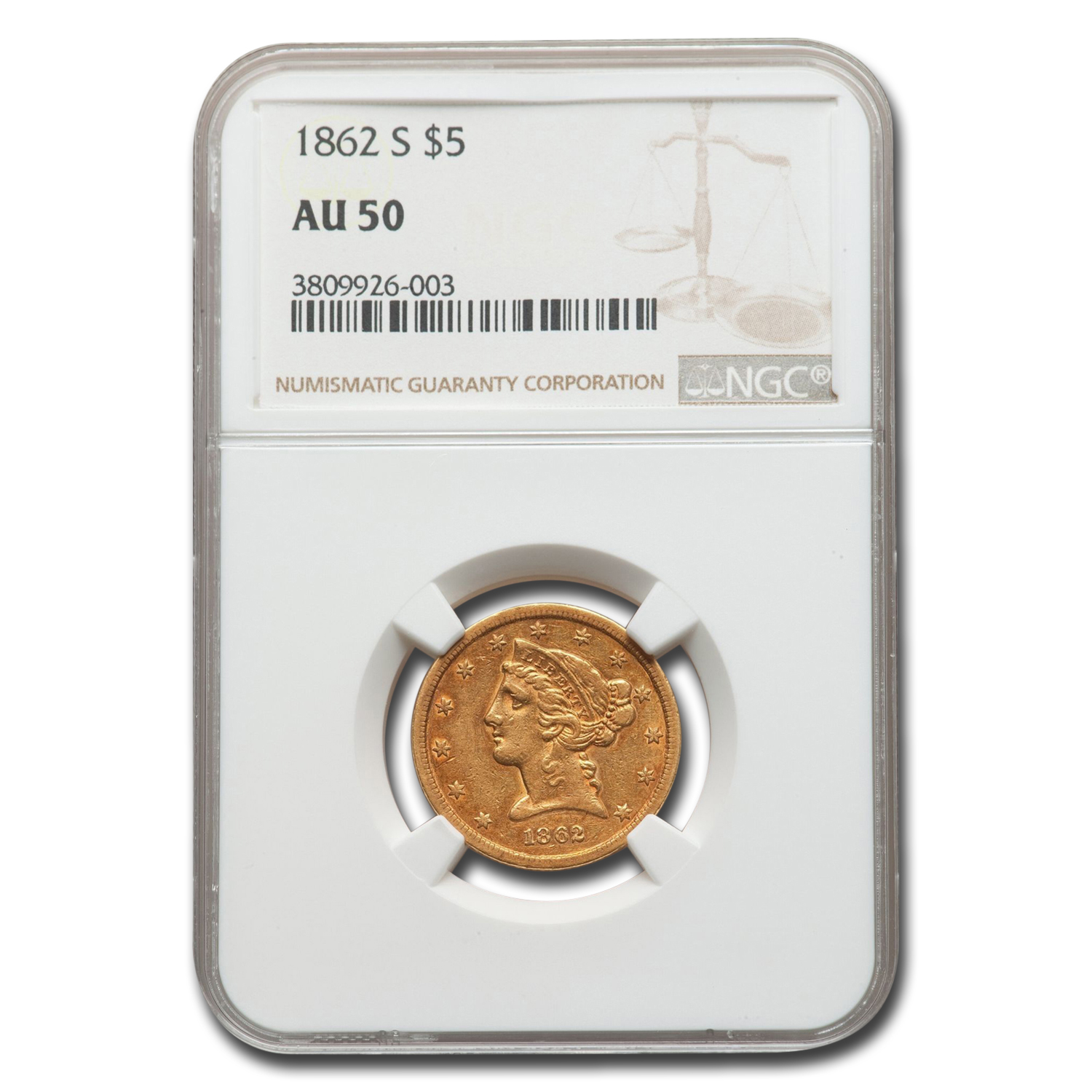 Buy 1862-S $5 Liberty Gold Half Eagle AU-50 NGC