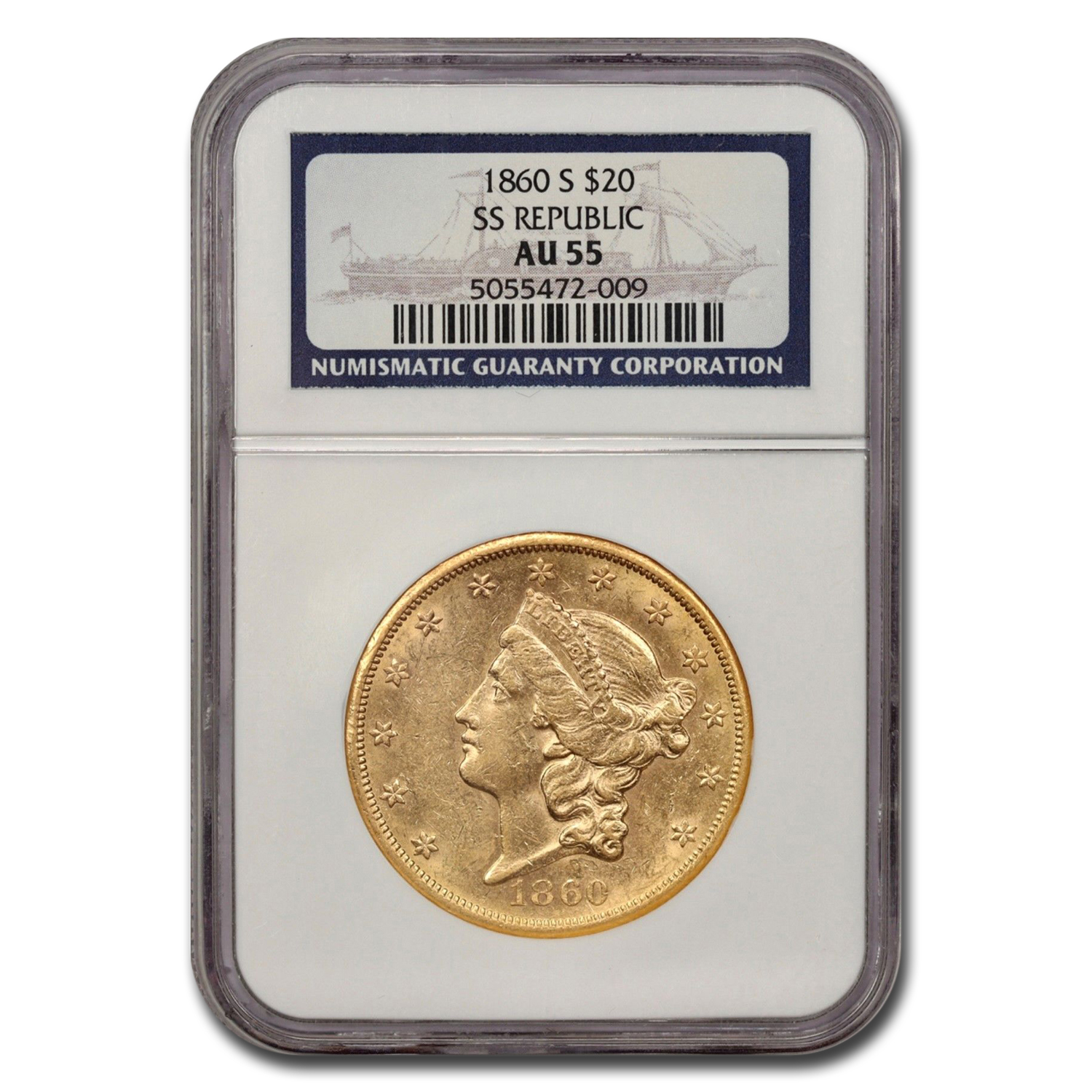 Buy 1860-S $20 Liberty Gold Double Eagle AU-55 NGC (SS Republic)