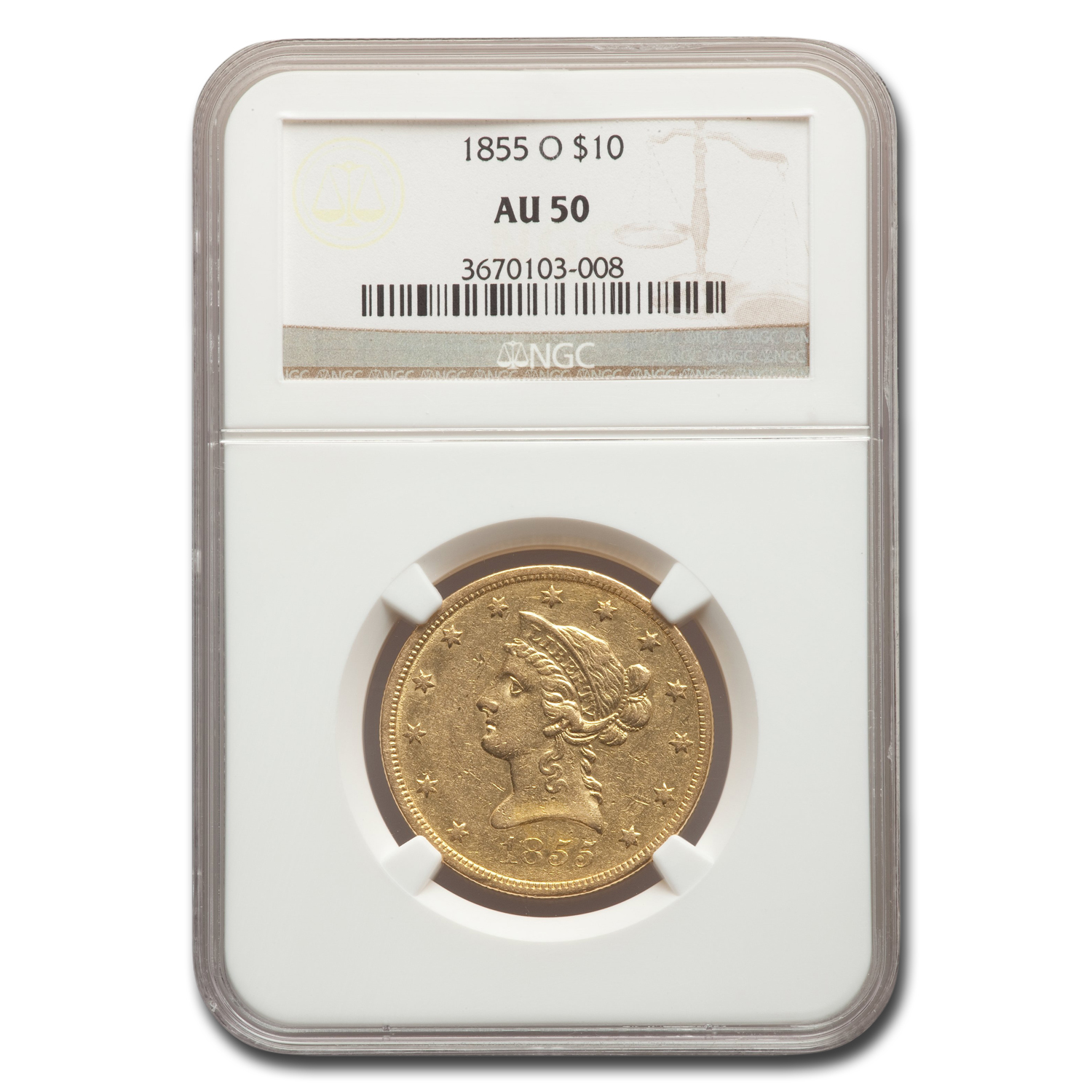 Buy 1855-O $10 Liberty Gold Eagle AU-50 NGC