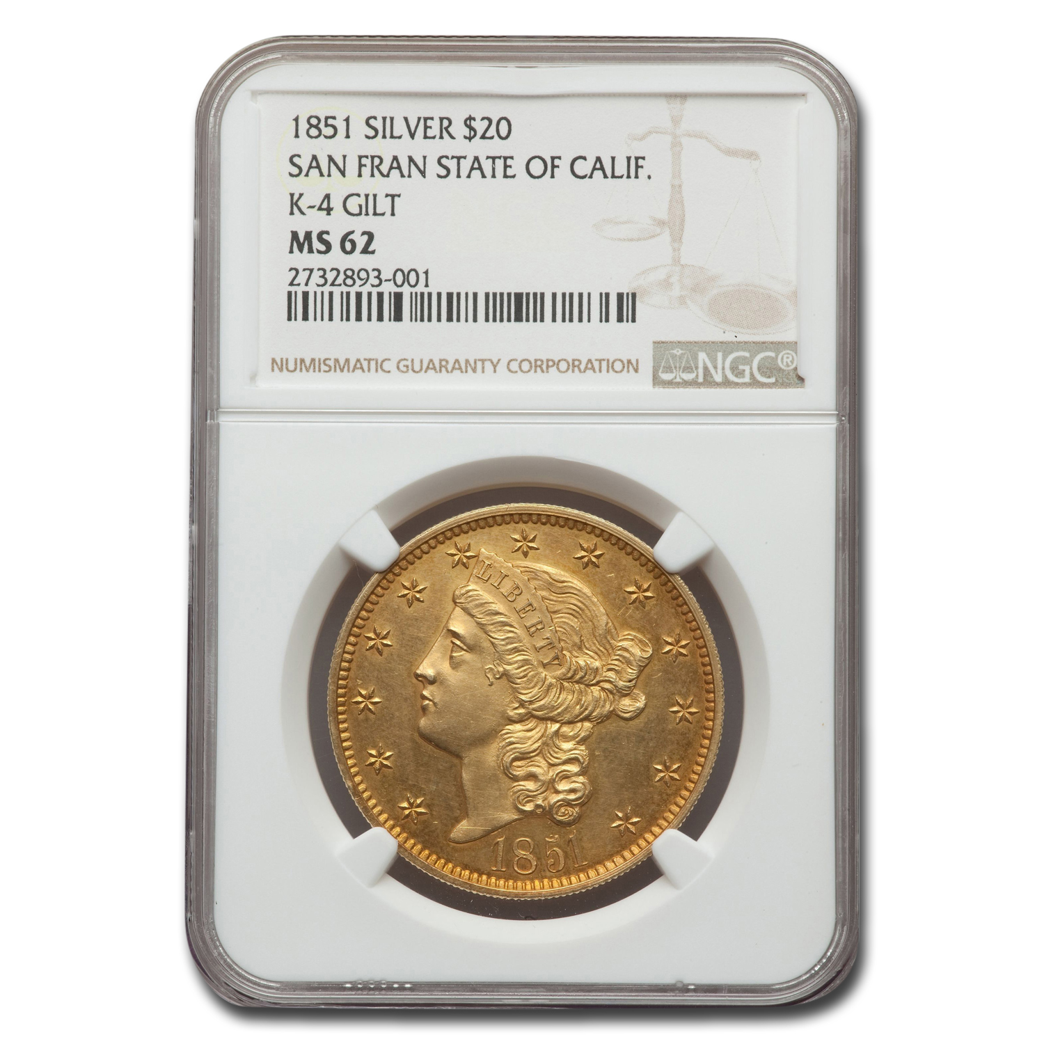 Buy 1851 State of California $20 Pattern MS-62 NGC (K-4, GILT)