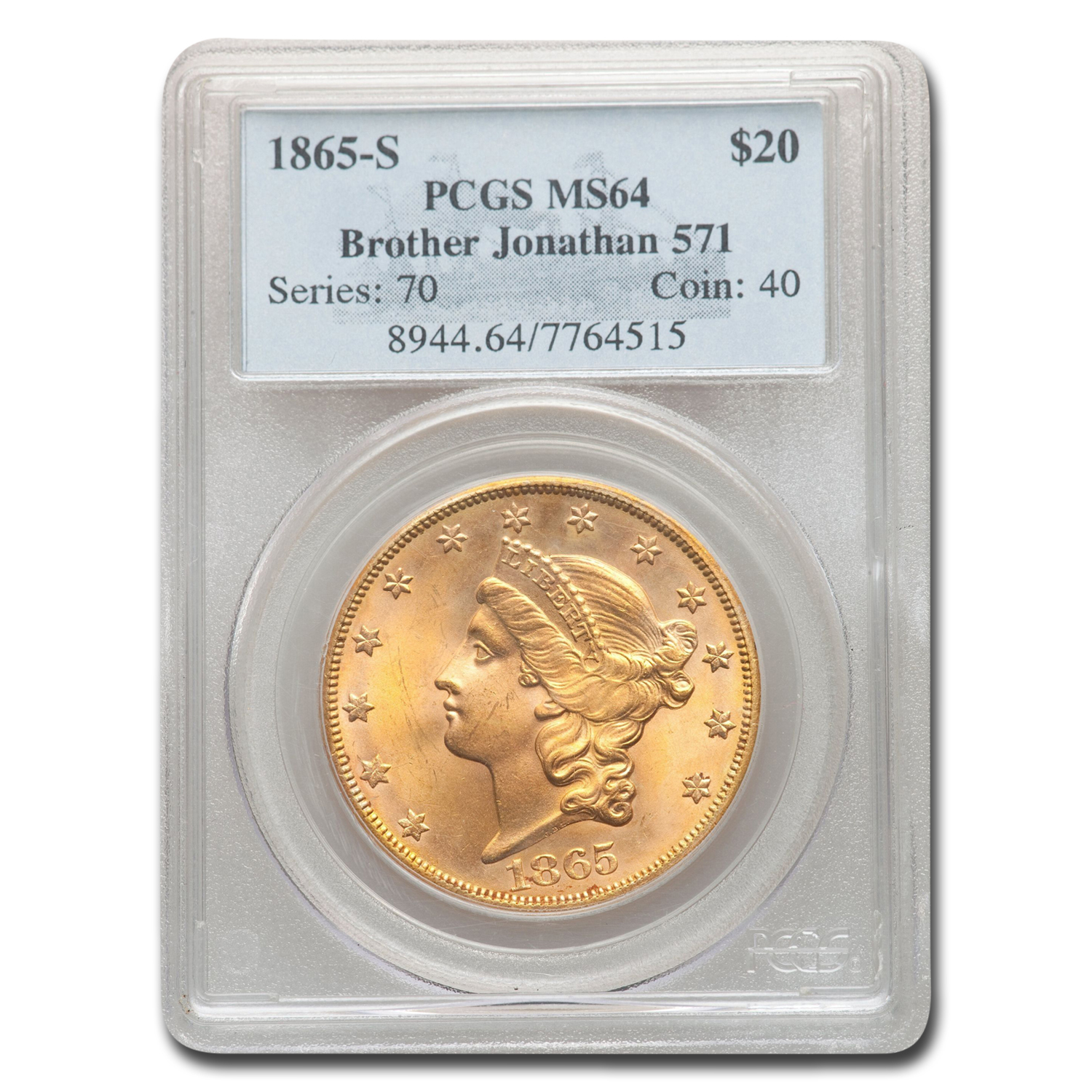 Buy 1865-S $20 Lib Au Dbl Eagle MS-64 Broth Jonathan