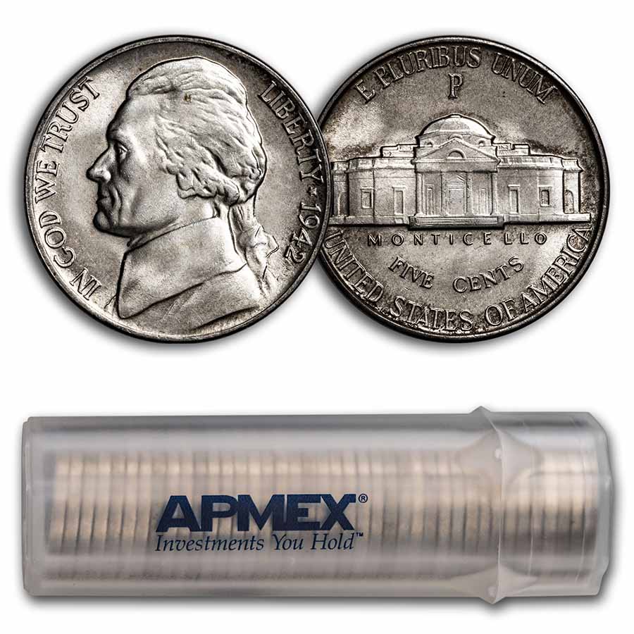 Buy 1942-P 35% Silver Wartime Jefferson Nickel Roll BU
