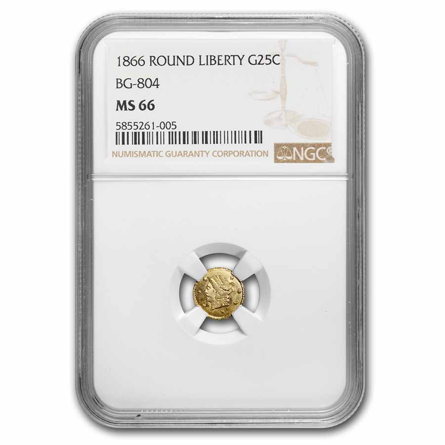 Buy 1866 Liberty Round 25 Cent Gold MS-66 NGC (BG-804)