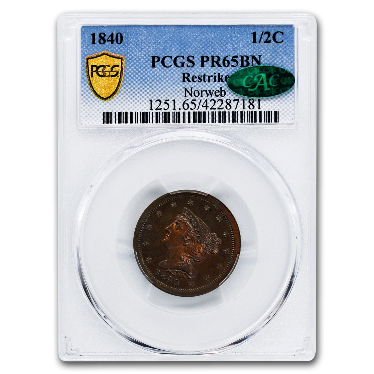 Buy 1840 Half Cent PR-65 PCGS CAC (Brown, Restrike)