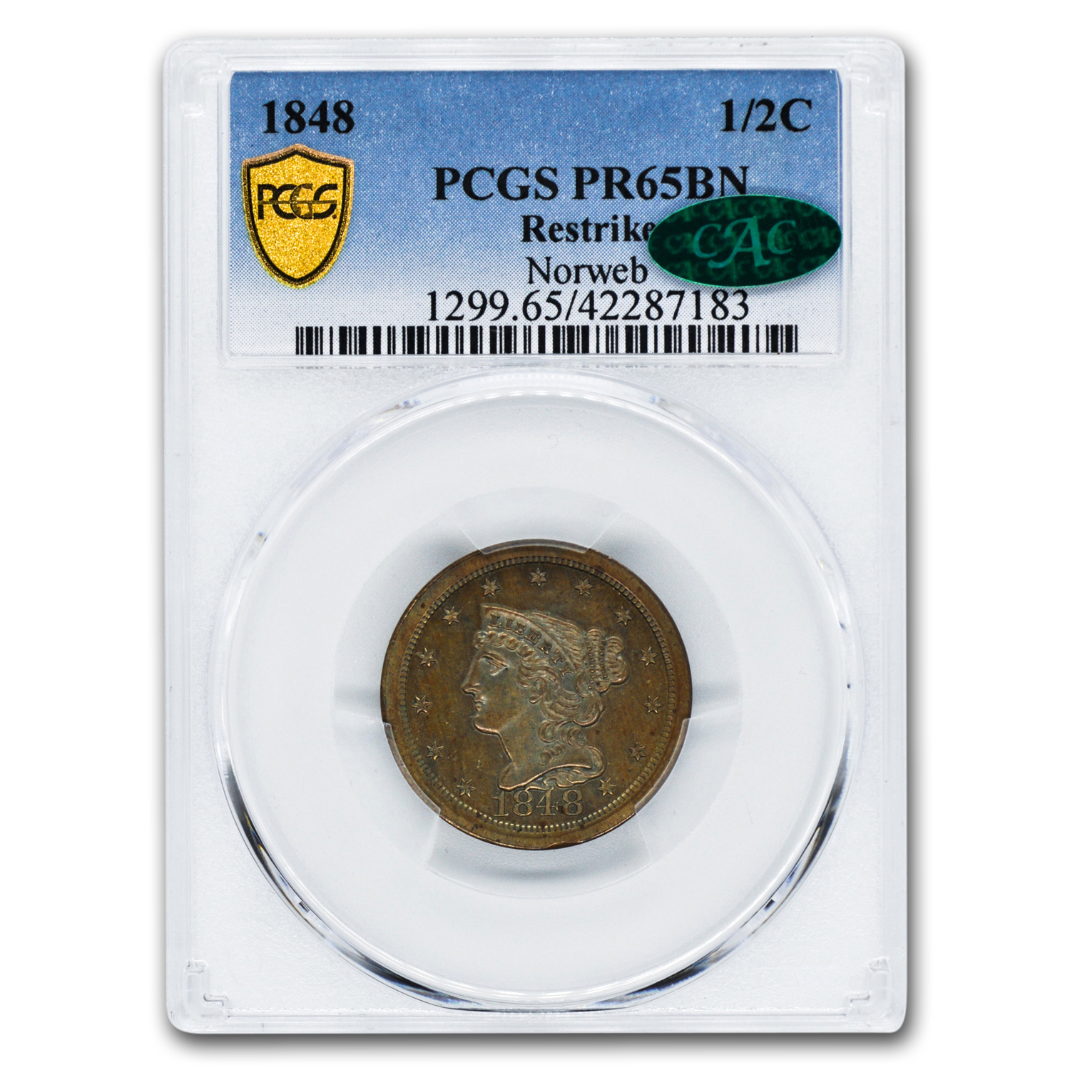 Buy 1848 Half Cent PR-65 PCGS CAC (Brown, Restrike)