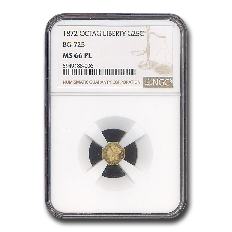 Buy 1872 Liberty Octagonal 25 Cent Gold MS-66 NGC (PL, BG-725)