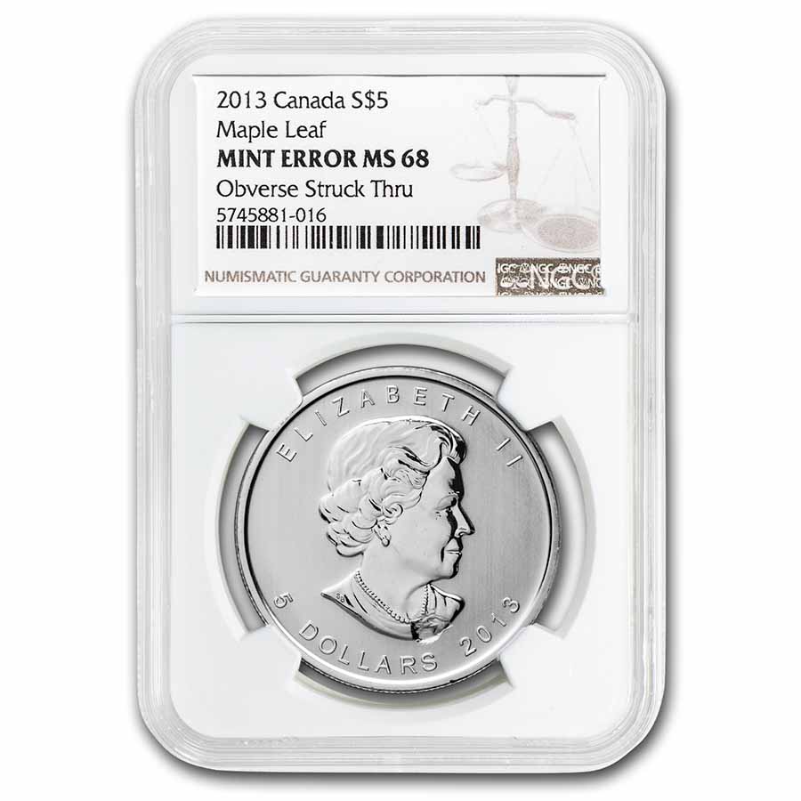 Buy 2013 Canada 1 oz Silver Maple Leaf MS-68 NGC (Obv Struck Thru) - Click Image to Close