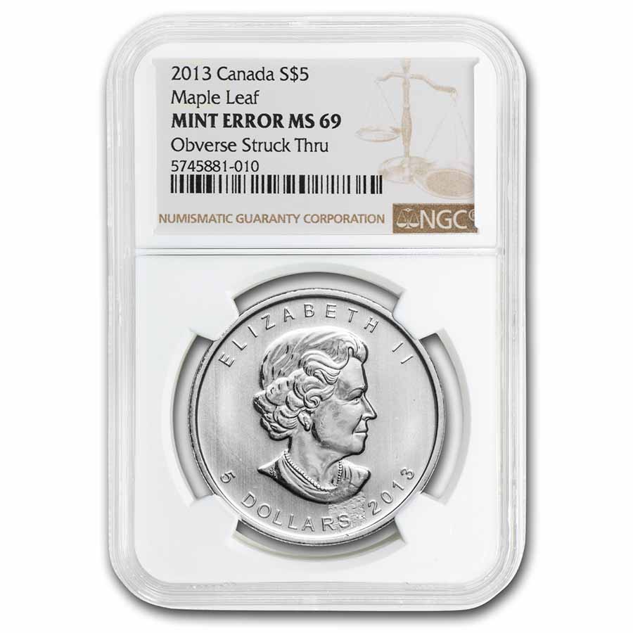 Buy 2013 Canada 1 oz Silver Maple Leaf MS-69 NGC (Obv Struck Thru)
