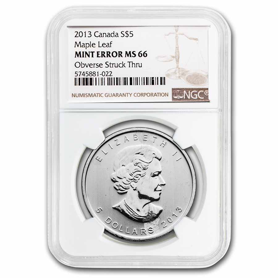 Buy 2013 Canada 1 oz Silver Maple Leaf MS-66 NGC (Obv Struck Thru) - Click Image to Close