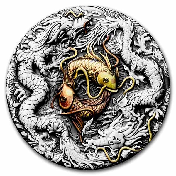 Buy 2021 Tuvalu 2 oz Silver Double Dragon Yin Yang Koi (Antiqued) - Click Image to Close