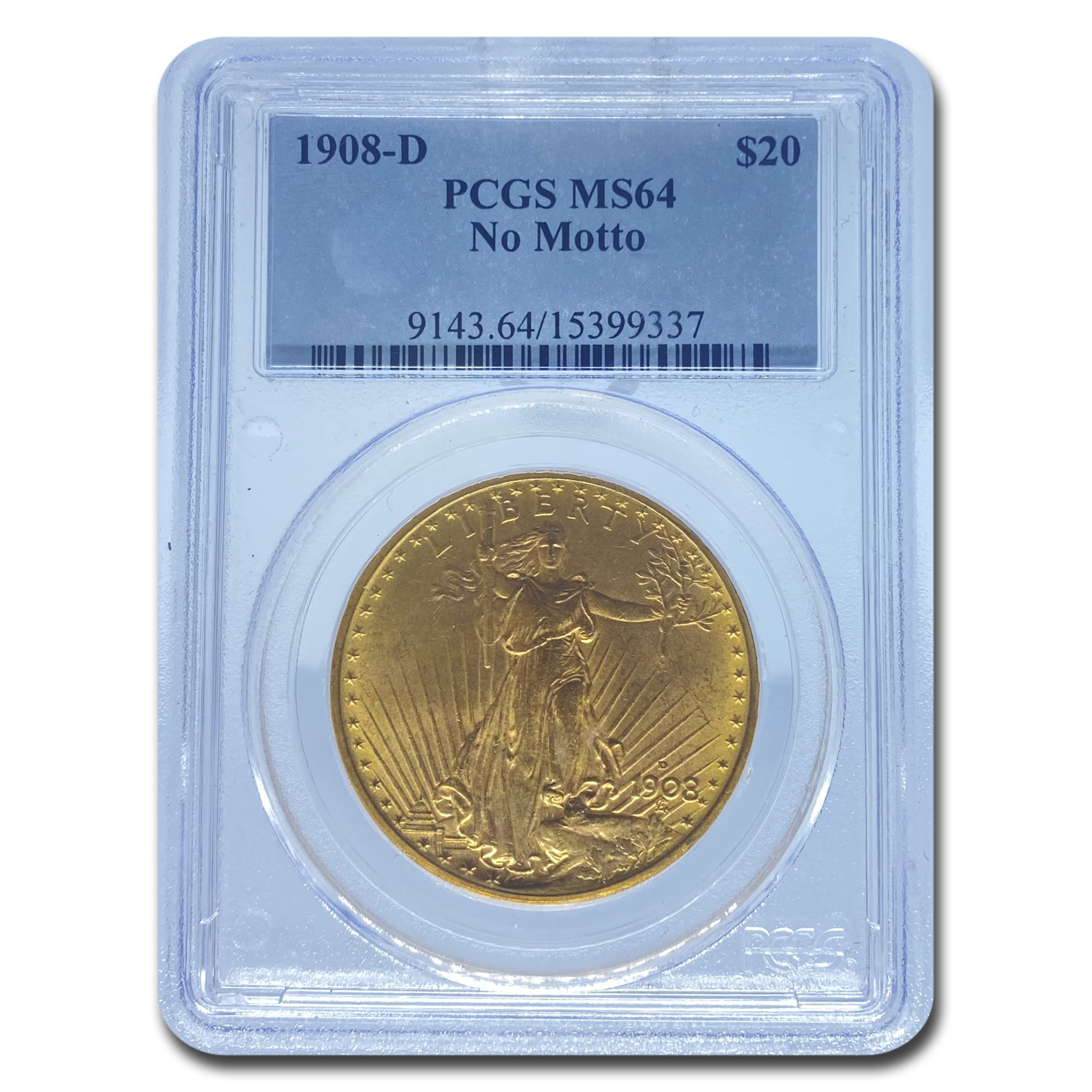 Buy 1908-D $20 Saint-Gaudens Gold No Motto MS-64 PCGS