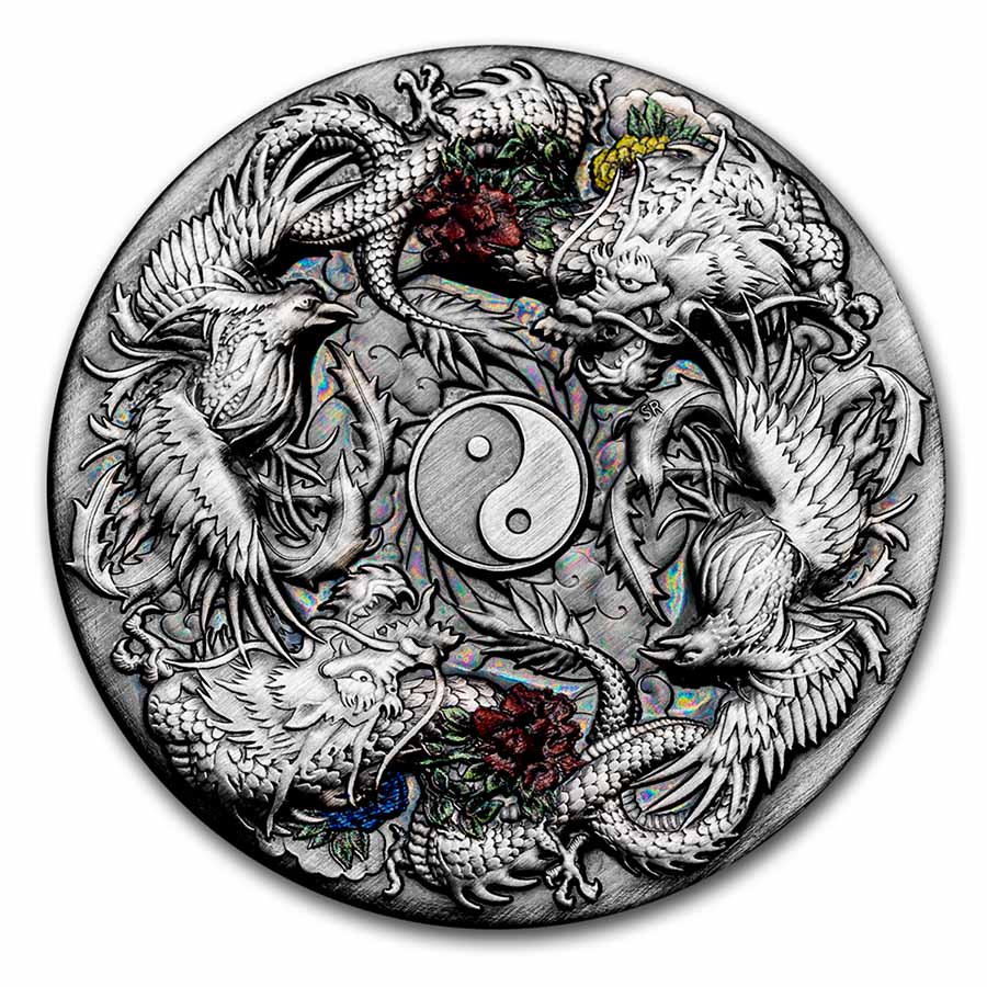 Buy 2021 Tuvalu 2 oz Silver Double Dragon Double Phoenix (Antiqued)