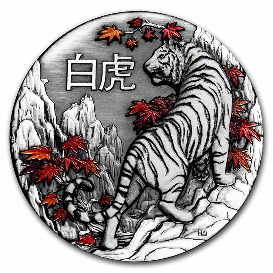 Buy 2022 Tuvalu 2 oz Silver White Tiger Rimless Coin (Antiqued) - Click Image to Close