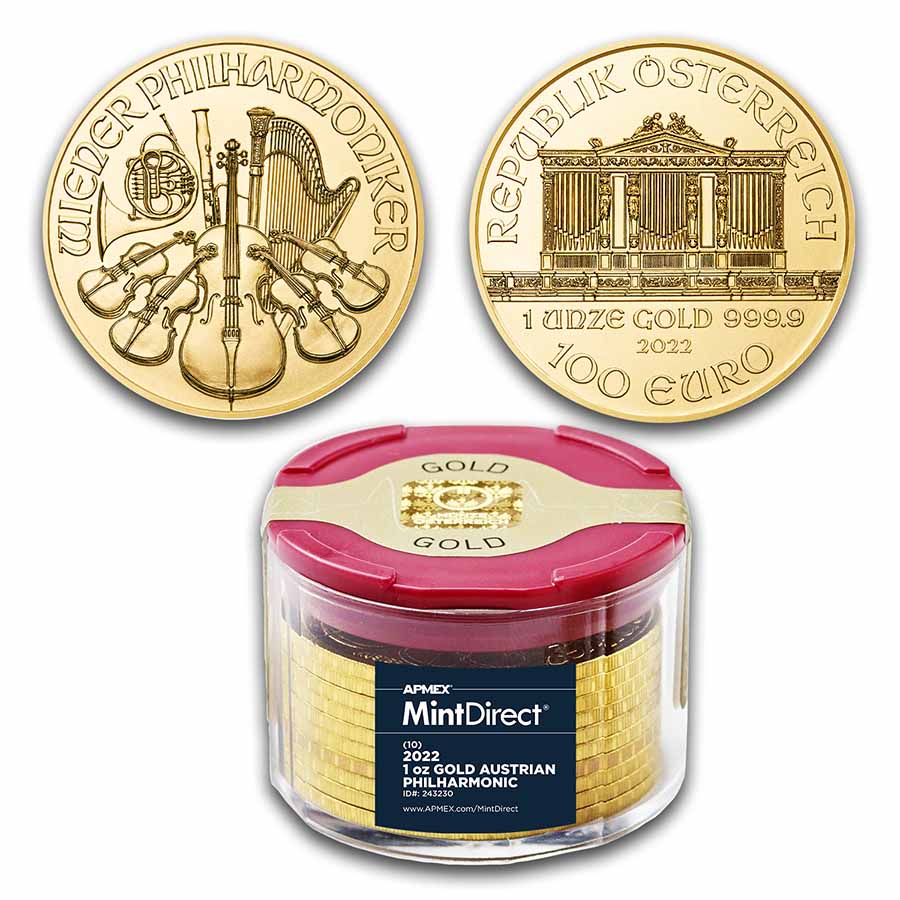 Buy 2022 Austria 1 oz Gold Philharmonic (10-Coin MintDirect? Tube) - Click Image to Close