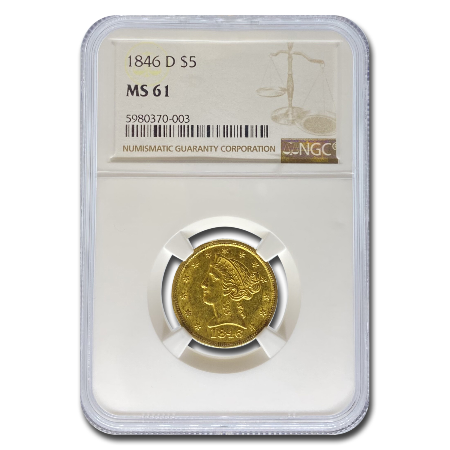 Buy 1846-D $5 Liberty Gold Half Eagle MS-61 NGC