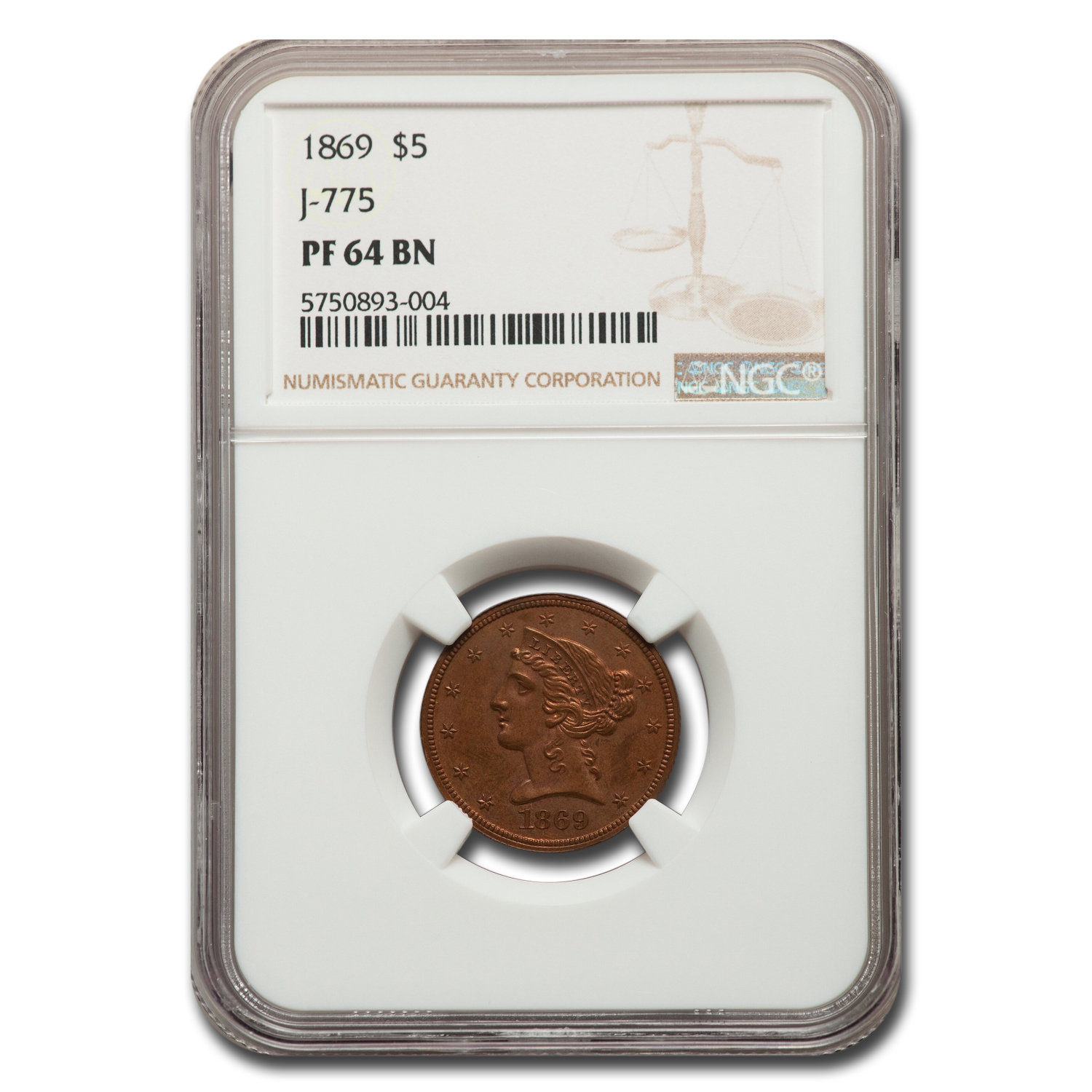 Buy 1869 $5 Pattern Half Eagle PF-64 NGC (Brown, J-775) - Click Image to Close