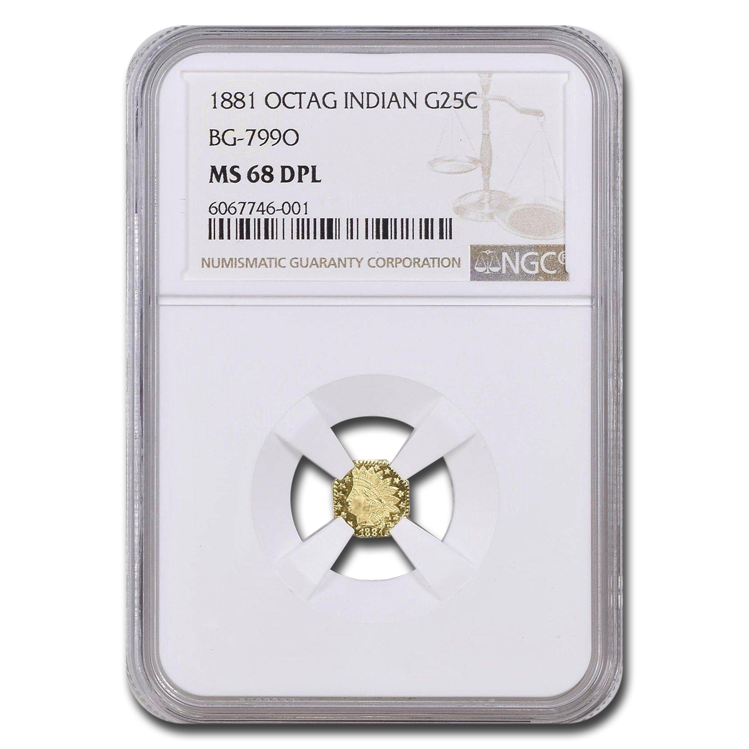 Buy 1881 Indian Octagonal 25 Cent Gold MS-68 NGC (DPL, BG-799O)
