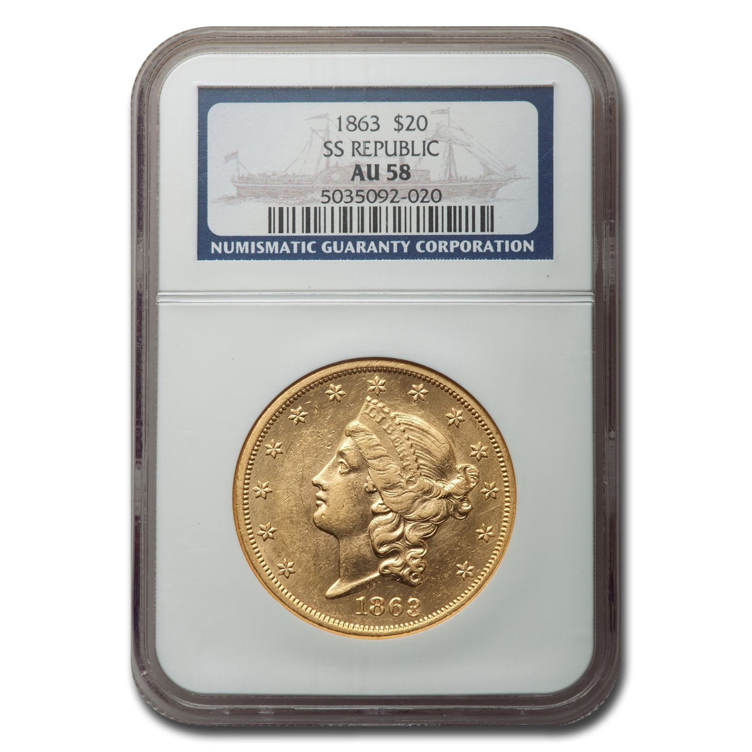 Buy 1863 $20 Liberty Gold Double Eagle AU-58 NGC (SS Republic)