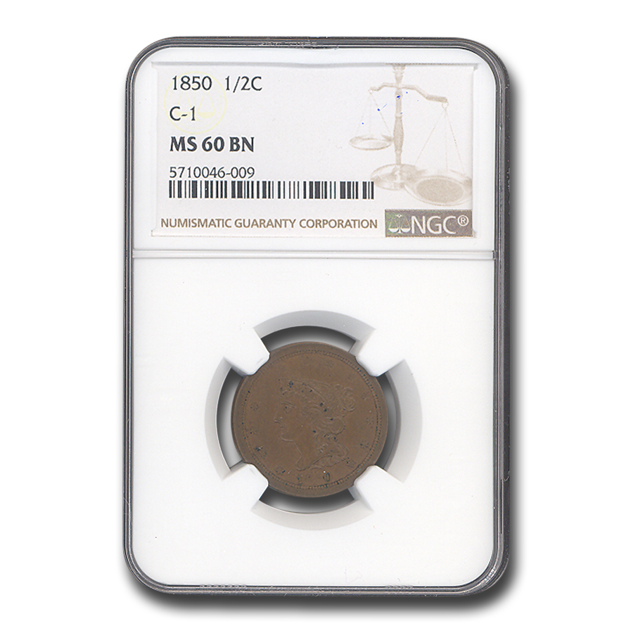 Buy 1850 Half Cent MS-60 NGC (Brown, C-1) - Click Image to Close