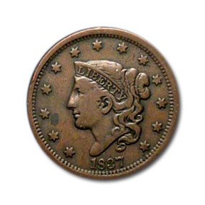 Buy 1837 Large Cent Head of 1838 Beaded Cord VF