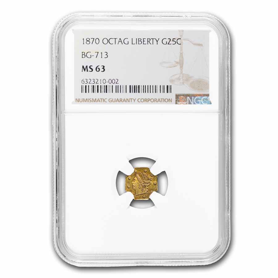 1870 Liberty Octagonal 25 Cent Gold MS-63 NGC (BG-713) - Click Image to Close